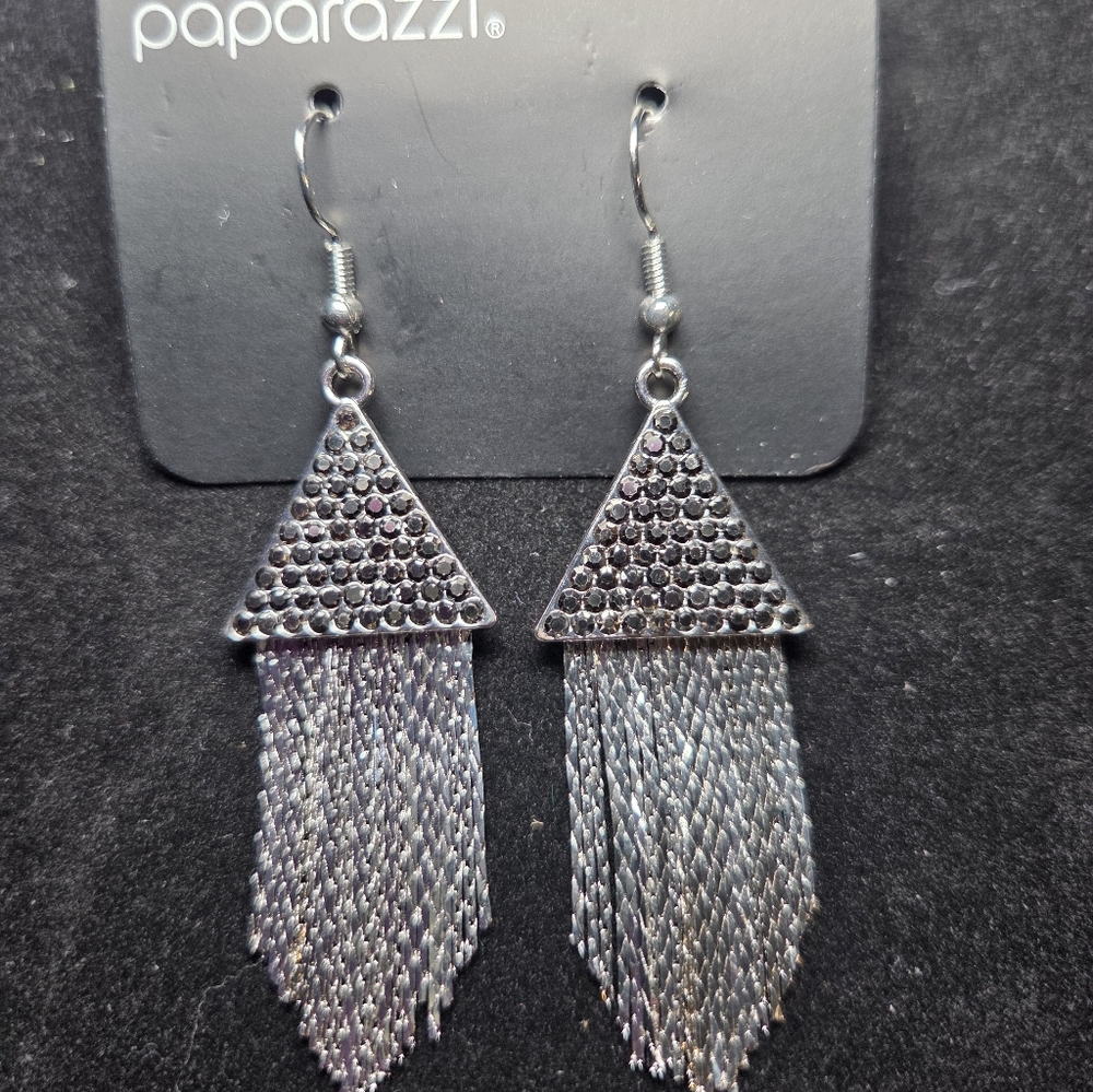 Sparkly Gunmetal Triangle Fringe Earrings - Picture 2 of 3
